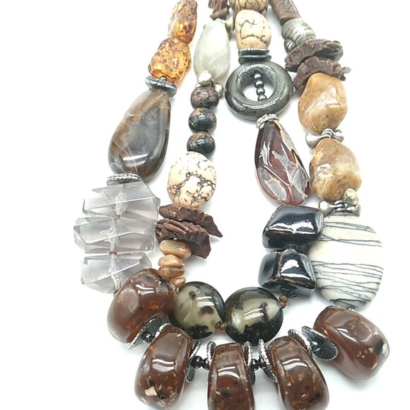 Treska Tribal Double Strand Beaded Necklace Earth Tones Signed - Picture 6 of 16